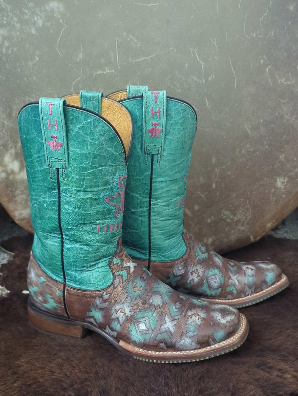 TIN HAUL "Painted Warrior" teal green/blue & brown Aztec square toe boots sz 9.5 - Picture 8 of 16